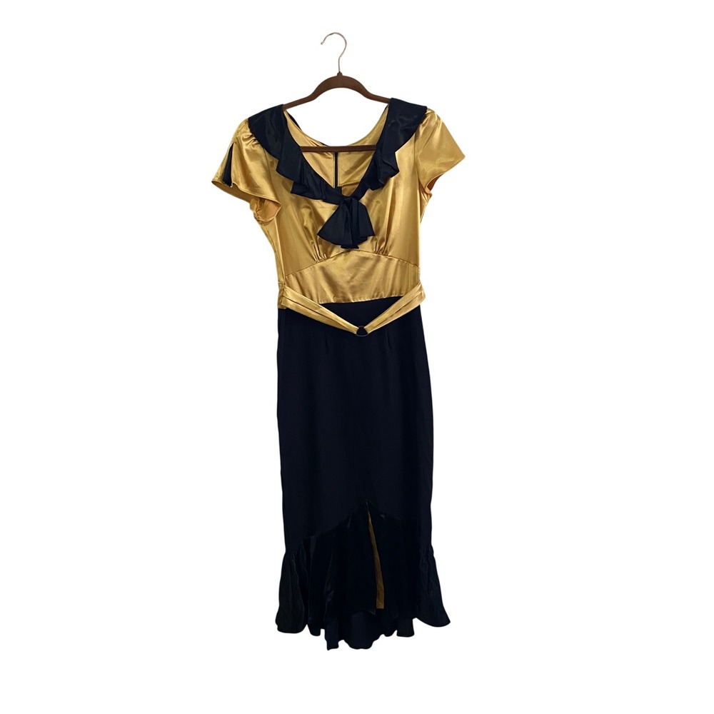 Stop Staring 40s Style Gold Satin Black Fishtail Wiggle Dress Rockabilly Pinup L
